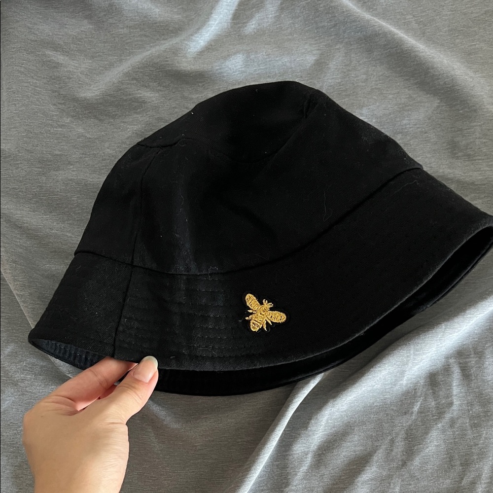 Black Bucket Hat with Gold Bee Embroidery
